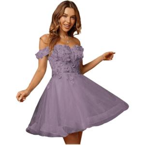 imageYoujiayi 3D Floral Short Homecoming Dresses for Teens Lace Beaded Short Prom Gown Off Shoulder DAMA Dress for QuinceaneraWisteria