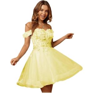 imageYoujiayi 3D Floral Short Homecoming Dresses for Teens Lace Beaded Short Prom Gown Off Shoulder DAMA Dress for QuinceaneraYellow