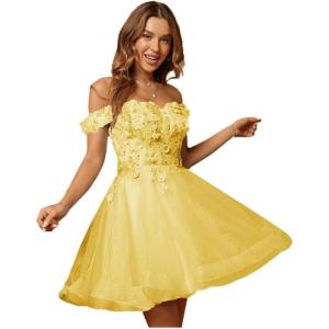 imageYoujiayi 3D Floral Short Homecoming Dresses for Teens Lace Beaded Short Prom Gown Off Shoulder DAMA Dress for QuinceaneraYellow Dark