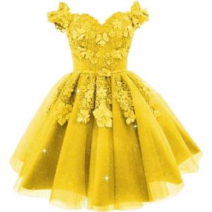 imageYoujiayi Off Shoulder Floral Homecoming Dresses for Teens Lace Beaded Short Prom Dress Puffy Tulle Mini Cocktail GownYellow Dark