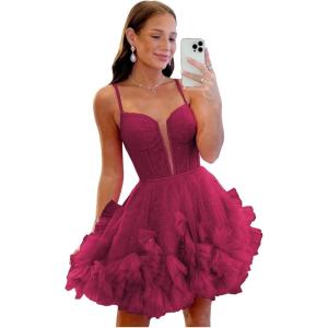 imageYoujiayi Ruffle Tulle Homecoming Dresses for Teens Sparkly Lace Short Prom Dress Spaghetti Strap DAMA Dress for WomenBerry