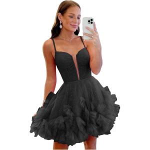 imageYoujiayi Ruffle Tulle Homecoming Dresses for Teens Sparkly Lace Short Prom Dress Spaghetti Strap DAMA Dress for WomenBlack