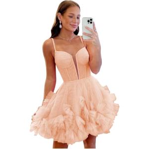imageYoujiayi Ruffle Tulle Homecoming Dresses for Teens Sparkly Lace Short Prom Dress Spaghetti Strap DAMA Dress for WomenBlush Pink