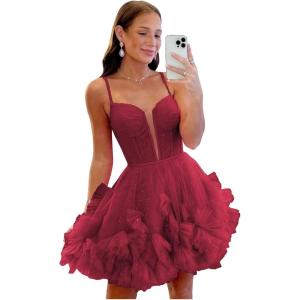 imageYoujiayi Ruffle Tulle Homecoming Dresses for Teens Sparkly Lace Short Prom Dress Spaghetti Strap DAMA Dress for WomenBurgundy