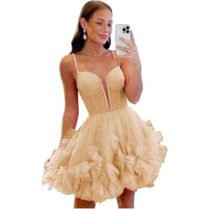 imageYoujiayi Ruffle Tulle Homecoming Dresses for Teens Sparkly Lace Short Prom Dress Spaghetti Strap DAMA Dress for WomenChampagne