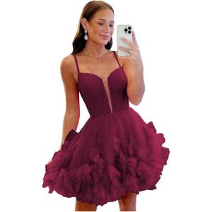 imageYoujiayi Ruffle Tulle Homecoming Dresses for Teens Sparkly Lace Short Prom Dress Spaghetti Strap DAMA Dress for WomenDeep Burgundy