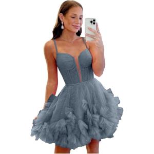imageYoujiayi Ruffle Tulle Homecoming Dresses for Teens Sparkly Lace Short Prom Dress Spaghetti Strap DAMA Dress for WomenDusty Blue