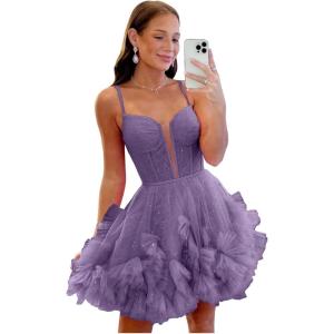 imageYoujiayi Ruffle Tulle Homecoming Dresses for Teens Sparkly Lace Short Prom Dress Spaghetti Strap DAMA Dress for WomenDusty Purple