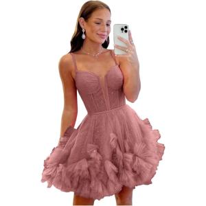 imageYoujiayi Ruffle Tulle Homecoming Dresses for Teens Sparkly Lace Short Prom Dress Spaghetti Strap DAMA Dress for WomenDusty Rose