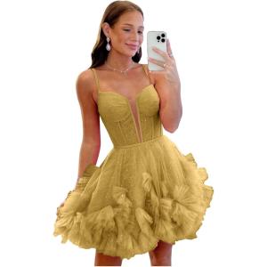 imageYoujiayi Ruffle Tulle Homecoming Dresses for Teens Sparkly Lace Short Prom Dress Spaghetti Strap DAMA Dress for WomenGold