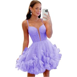 imageYoujiayi Ruffle Tulle Homecoming Dresses for Teens Sparkly Lace Short Prom Dress Spaghetti Strap DAMA Dress for WomenLavender