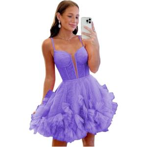 imageYoujiayi Ruffle Tulle Homecoming Dresses for Teens Sparkly Lace Short Prom Dress Spaghetti Strap DAMA Dress for WomenLavender Deep