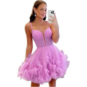 imageYoujiayi Ruffle Tulle Homecoming Dresses for Teens Sparkly Lace Short Prom Dress Spaghetti Strap DAMA Dress for WomenLilac