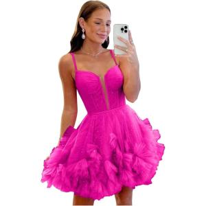 imageYoujiayi Ruffle Tulle Homecoming Dresses for Teens Sparkly Lace Short Prom Dress Spaghetti Strap DAMA Dress for WomenMagenta