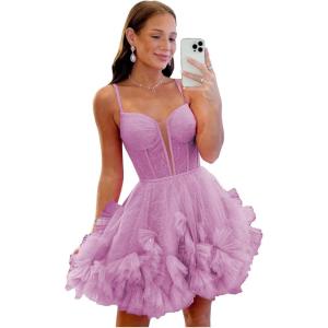 imageYoujiayi Ruffle Tulle Homecoming Dresses for Teens Sparkly Lace Short Prom Dress Spaghetti Strap DAMA Dress for WomenMauve