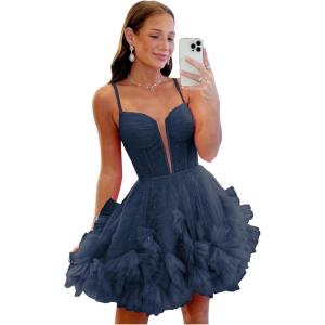 imageYoujiayi Ruffle Tulle Homecoming Dresses for Teens Sparkly Lace Short Prom Dress Spaghetti Strap DAMA Dress for WomenNavy