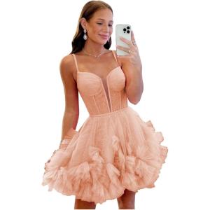 imageYoujiayi Ruffle Tulle Homecoming Dresses for Teens Sparkly Lace Short Prom Dress Spaghetti Strap DAMA Dress for WomenPeach
