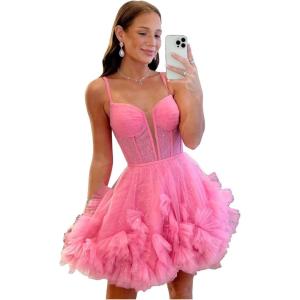imageYoujiayi Ruffle Tulle Homecoming Dresses for Teens Sparkly Lace Short Prom Dress Spaghetti Strap DAMA Dress for WomenPink