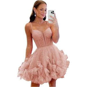 imageYoujiayi Ruffle Tulle Homecoming Dresses for Teens Sparkly Lace Short Prom Dress Spaghetti Strap DAMA Dress for WomenRose Gold