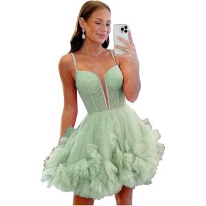 imageYoujiayi Ruffle Tulle Homecoming Dresses for Teens Sparkly Lace Short Prom Dress Spaghetti Strap DAMA Dress for WomenSage