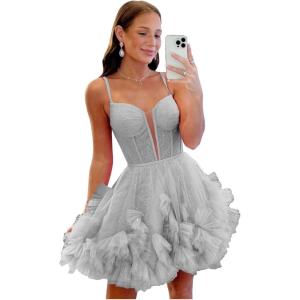 imageYoujiayi Ruffle Tulle Homecoming Dresses for Teens Sparkly Lace Short Prom Dress Spaghetti Strap DAMA Dress for WomenSilver