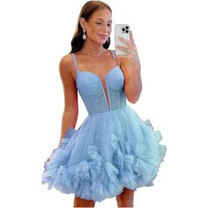 imageYoujiayi Ruffle Tulle Homecoming Dresses for Teens Sparkly Lace Short Prom Dress Spaghetti Strap DAMA Dress for WomenSky Blue