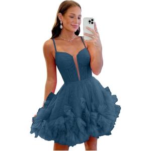 imageYoujiayi Ruffle Tulle Homecoming Dresses for Teens Sparkly Lace Short Prom Dress Spaghetti Strap DAMA Dress for WomenTeal