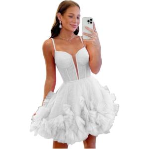 imageYoujiayi Ruffle Tulle Homecoming Dresses for Teens Sparkly Lace Short Prom Dress Spaghetti Strap DAMA Dress for WomenWhite