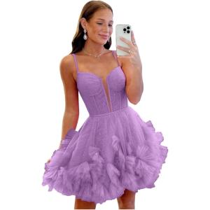imageYoujiayi Ruffle Tulle Homecoming Dresses for Teens Sparkly Lace Short Prom Dress Spaghetti Strap DAMA Dress for WomenWisteria