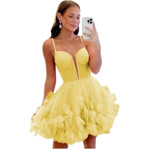 imageYoujiayi Ruffle Tulle Homecoming Dresses for Teens Sparkly Lace Short Prom Dress Spaghetti Strap DAMA Dress for WomenYellow