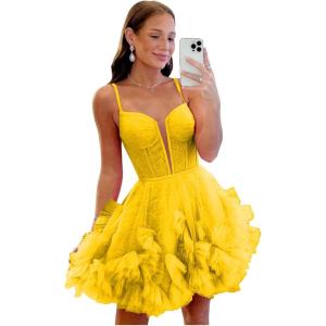 imageYoujiayi Ruffle Tulle Homecoming Dresses for Teens Sparkly Lace Short Prom Dress Spaghetti Strap DAMA Dress for WomenYellow Dark