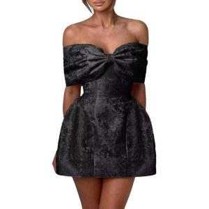 imageYoujiayi Satin Jacquard Homecoming Dresses with Bow Strapless Short Prom Dress Off Shoulder DAMA Dresses for QuinceaneraBlack