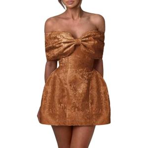 imageYoujiayi Satin Jacquard Homecoming Dresses with Bow Strapless Short Prom Dress Off Shoulder DAMA Dresses for QuinceaneraBrown