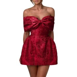 imageYoujiayi Satin Jacquard Homecoming Dresses with Bow Strapless Short Prom Dress Off Shoulder DAMA Dresses for QuinceaneraBurgundy