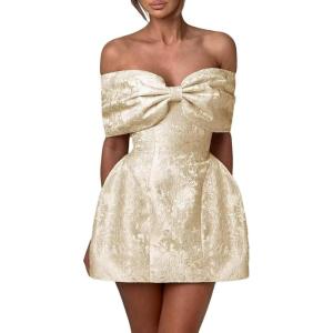 imageYoujiayi Satin Jacquard Homecoming Dresses with Bow Strapless Short Prom Dress Off Shoulder DAMA Dresses for QuinceaneraChampagne