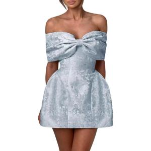 imageYoujiayi Satin Jacquard Homecoming Dresses with Bow Strapless Short Prom Dress Off Shoulder DAMA Dresses for QuinceaneraDusty Blue