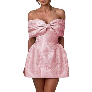 imageYoujiayi Satin Jacquard Homecoming Dresses with Bow Strapless Short Prom Dress Off Shoulder DAMA Dresses for QuinceaneraDusty Pink