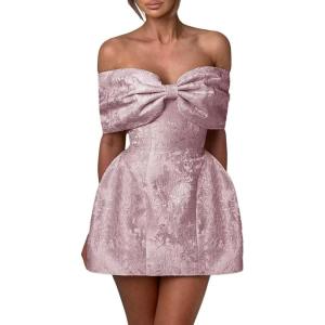 imageYoujiayi Satin Jacquard Homecoming Dresses with Bow Strapless Short Prom Dress Off Shoulder DAMA Dresses for QuinceaneraDusty Rose