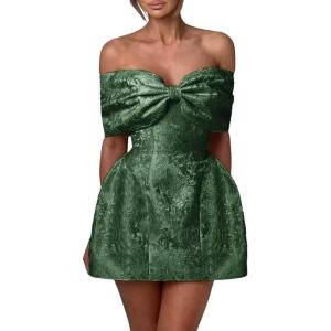 imageYoujiayi Satin Jacquard Homecoming Dresses with Bow Strapless Short Prom Dress Off Shoulder DAMA Dresses for QuinceaneraEmerald Green