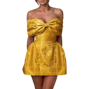 imageYoujiayi Satin Jacquard Homecoming Dresses with Bow Strapless Short Prom Dress Off Shoulder DAMA Dresses for QuinceaneraGold