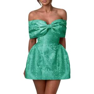 imageYoujiayi Satin Jacquard Homecoming Dresses with Bow Strapless Short Prom Dress Off Shoulder DAMA Dresses for QuinceaneraHunter Green