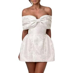 imageYoujiayi Satin Jacquard Homecoming Dresses with Bow Strapless Short Prom Dress Off Shoulder DAMA Dresses for QuinceaneraIvory