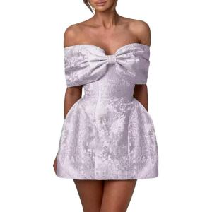 imageYoujiayi Satin Jacquard Homecoming Dresses with Bow Strapless Short Prom Dress Off Shoulder DAMA Dresses for QuinceaneraLavender
