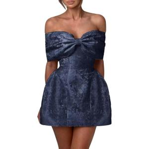 imageYoujiayi Satin Jacquard Homecoming Dresses with Bow Strapless Short Prom Dress Off Shoulder DAMA Dresses for QuinceaneraNavy Blue