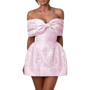 imageYoujiayi Satin Jacquard Homecoming Dresses with Bow Strapless Short Prom Dress Off Shoulder DAMA Dresses for QuinceaneraPink