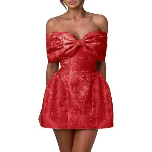 imageYoujiayi Satin Jacquard Homecoming Dresses with Bow Strapless Short Prom Dress Off Shoulder DAMA Dresses for QuinceaneraRed