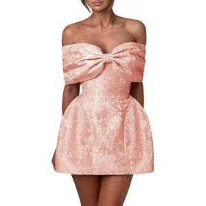 imageYoujiayi Satin Jacquard Homecoming Dresses with Bow Strapless Short Prom Dress Off Shoulder DAMA Dresses for QuinceaneraRose Gold