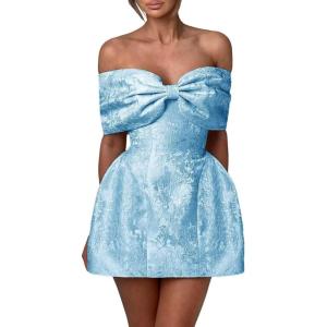 imageYoujiayi Satin Jacquard Homecoming Dresses with Bow Strapless Short Prom Dress Off Shoulder DAMA Dresses for QuinceaneraSky Blue