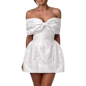 imageYoujiayi Satin Jacquard Homecoming Dresses with Bow Strapless Short Prom Dress Off Shoulder DAMA Dresses for QuinceaneraWhite