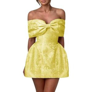 imageYoujiayi Satin Jacquard Homecoming Dresses with Bow Strapless Short Prom Dress Off Shoulder DAMA Dresses for QuinceaneraYellow